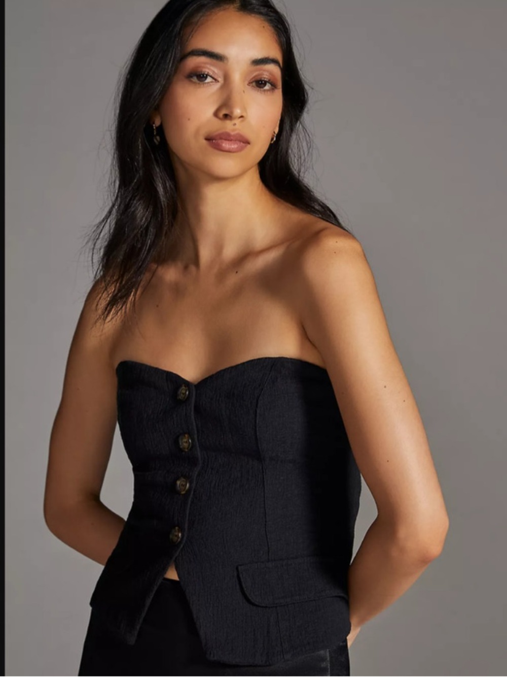 Anthropologie Black Strapless Button-Front Bustier Top - Picture 3 of 6